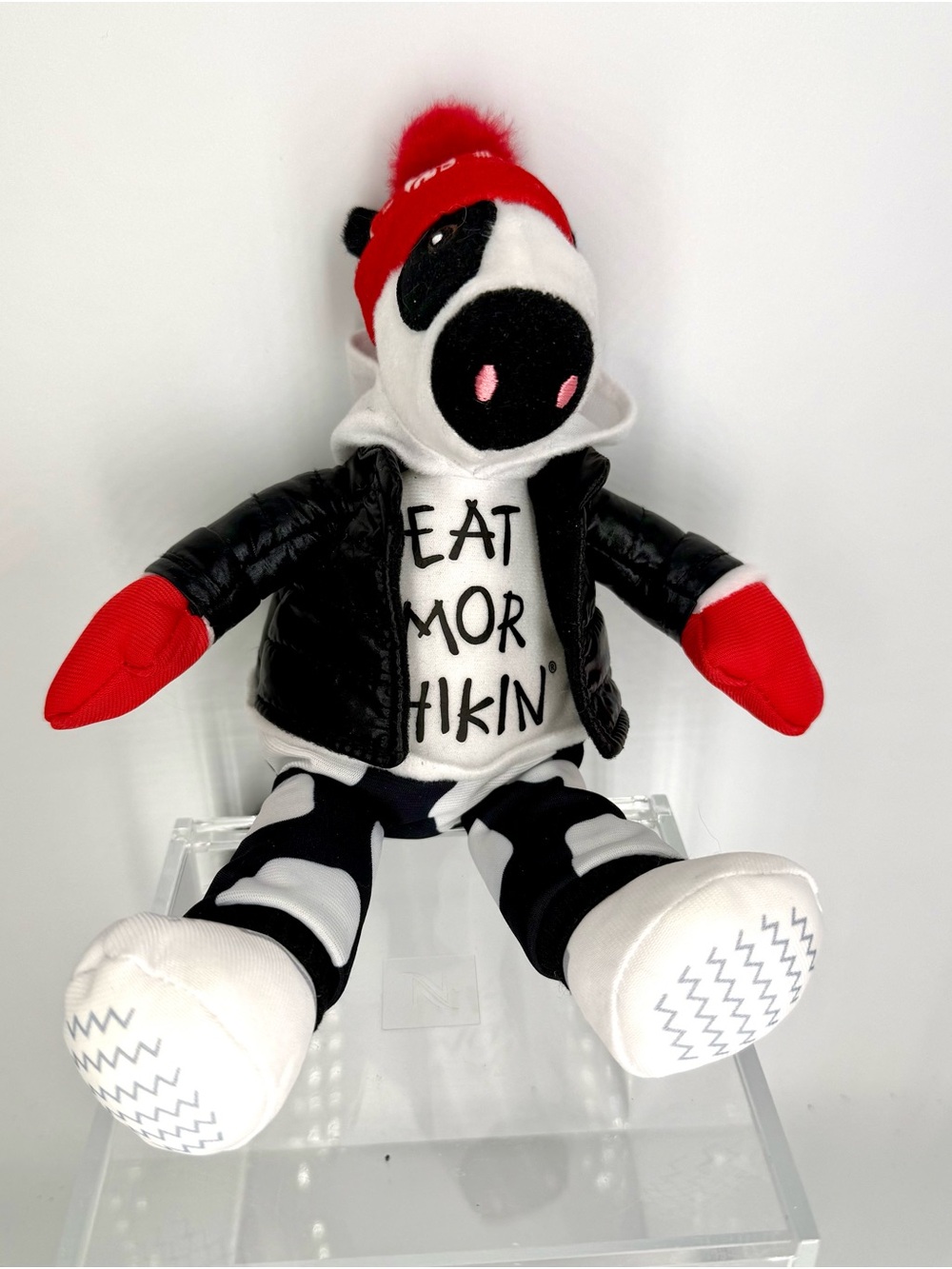 Plush Cow Doll in White, Black & Red - Cozy Hoodie & Jacket